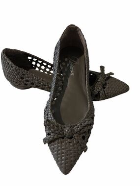 Delman Woven Pointed-Toe Leather Flats with Bow Accent – Dark Grey
